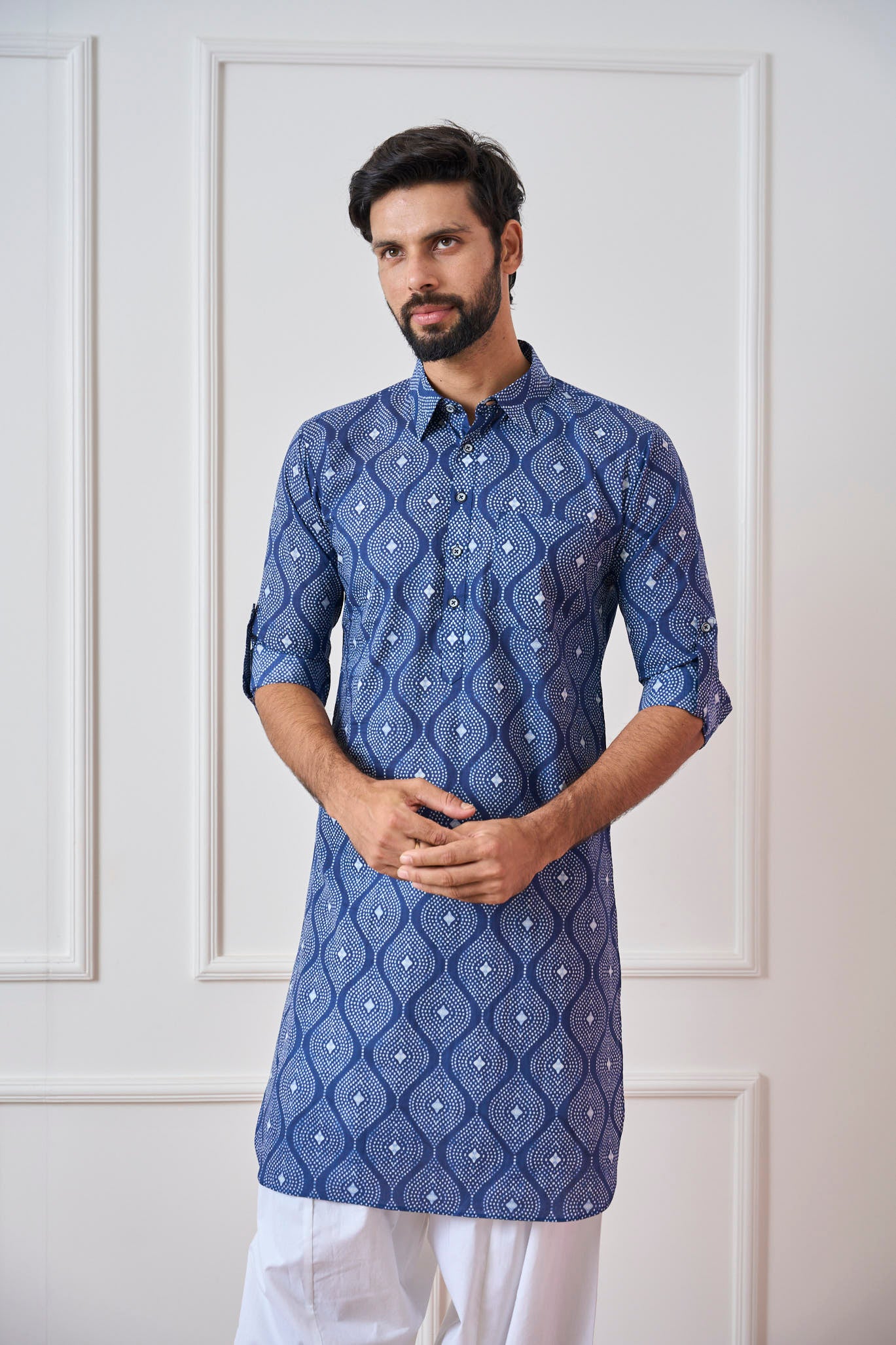 Men Navy Blue Waves Pure Cotton Pathani Kurta