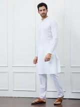 Men White Cotton Silver Thread Work & Sequinses Kurta With Pyjama