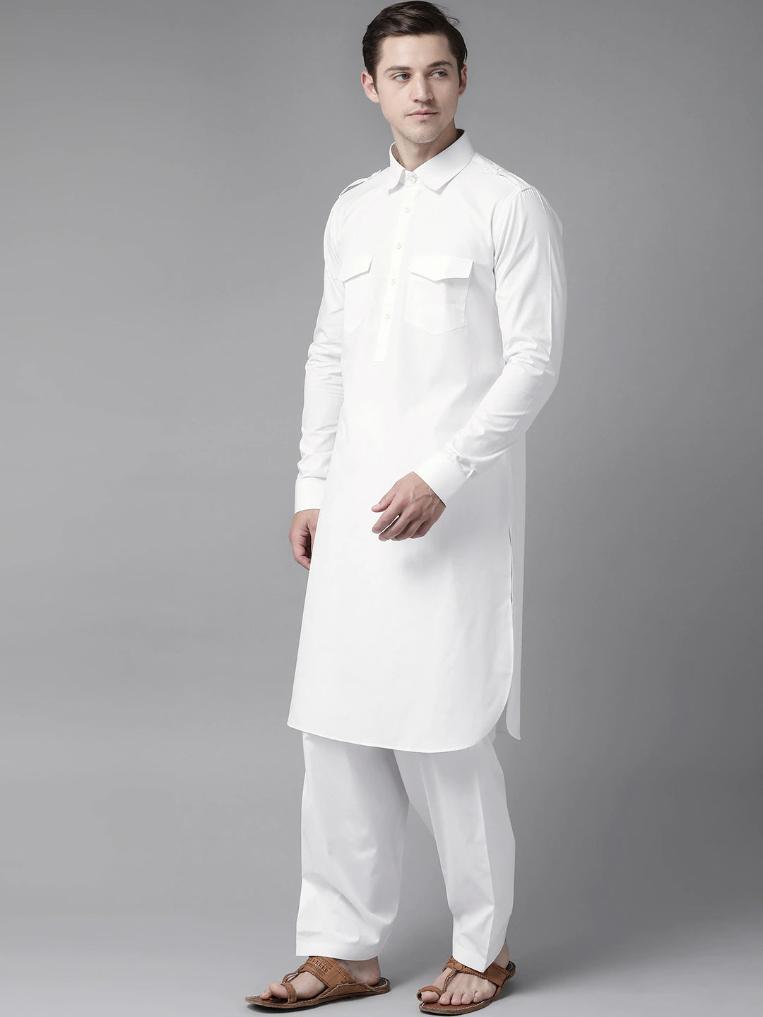 Riwaat.com Men White Pathani Kurta with Salwar Riwaat Pathani Plain