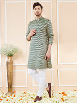 Green Ethnic Motifs Silk Jacquard Woven Design Straight Kurta with Pyjama