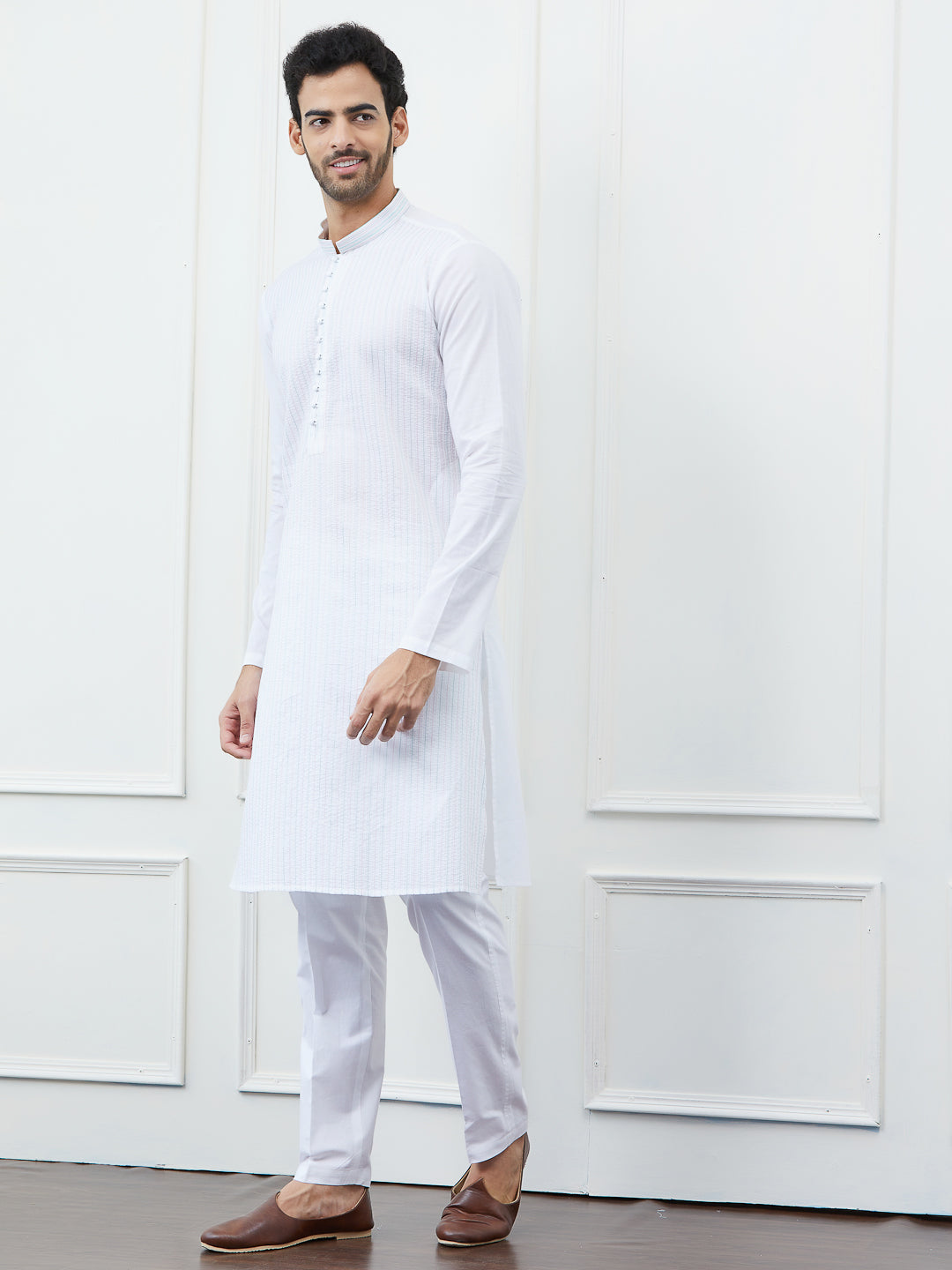 Men White Kurta with Pastel Blue and Pink Stripes and Pajama