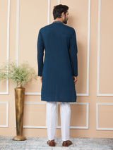 Dark Blue Thread & Sequins Worked Pure Cotton Straight Kurta with Pyjama