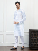 Men White And Blue Chikankari Embroidered Cotton Kurta Set