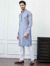 Men Grey & Blue Thread Work Yoke Design Cotton Kurta