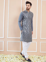 Men Grey And Gold Rayon Embroidery Sequins Kurta