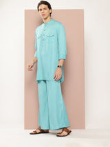 Men Turquoise Rayon Solid Pathani Sets