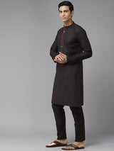 Men Black & Red Pure Cotton Embroidered Straight Kurta With Pajama