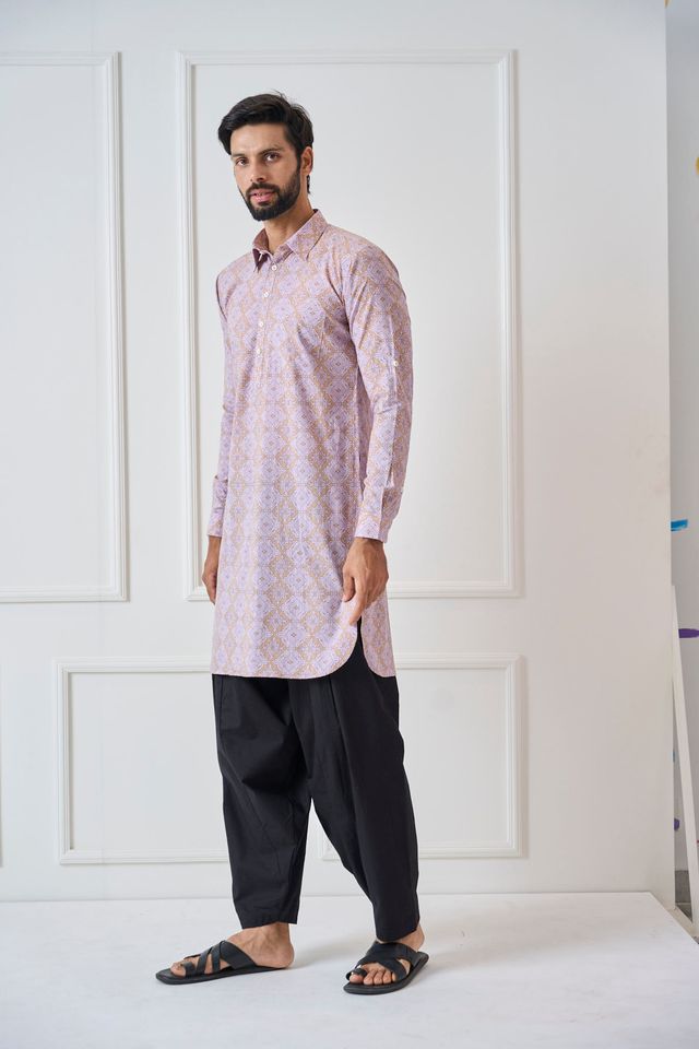 Men Beige Regular Pure Cotton Pathani Kurta With Black Salwar