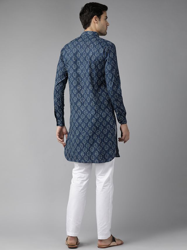 Men Indigo Regular Pure Cotton Pathani Printed Men's Kurta