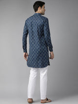 Men Indigo Regular Pure Cotton Pathani Printed Men's Kurta
