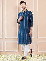 Men Deep Midnight Blue with Gold Stripes Chanderi Silk Sequins Kurta With Pajama