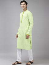 Men Lime Green & White Printed Pure Cotton Straight Kurta With Pajama