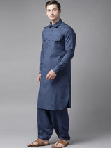 Riwaat.com Men Navy Blue Pathani Kurta with Salwar Riwaat Pathani Plain