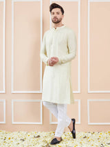 Men Cream with Subtle Golden Stripes Chanderi Silk Sequins Kurta With Pajama