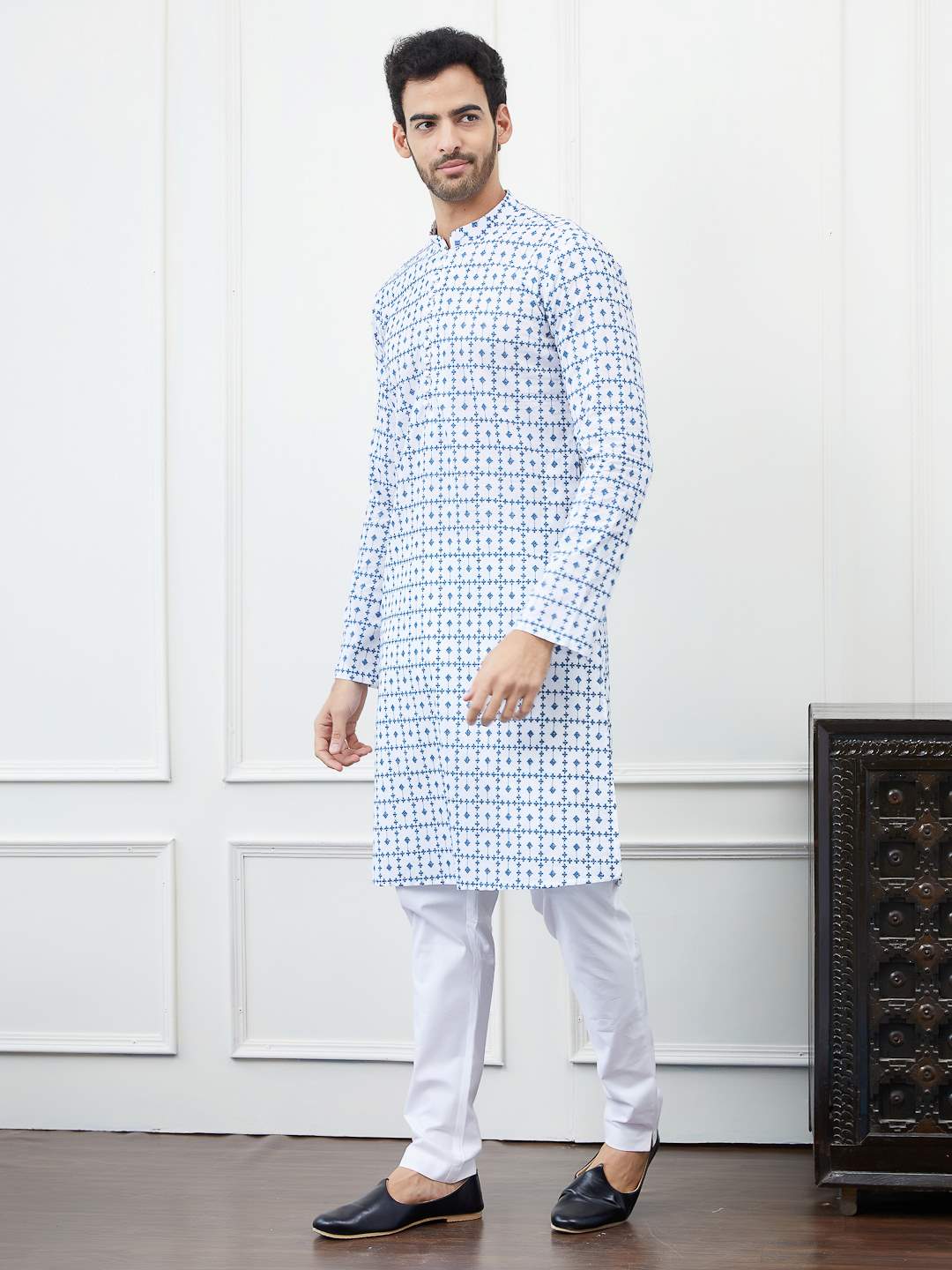 Men White with Blue Geometric Pattern Chikankari Embroidered Cotton Kurta Set