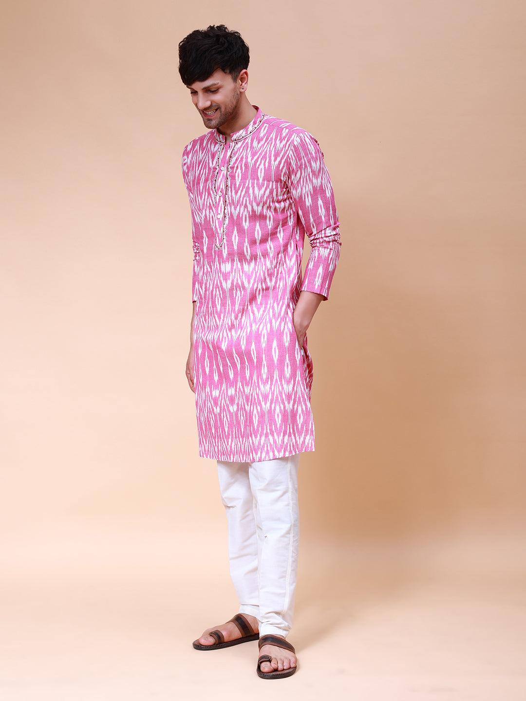 Riwaat.com Men Pink & White Embroidery Cotton Kurta Riwaat Embroidered