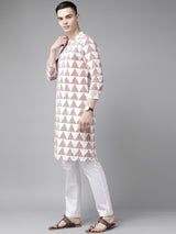 Riwaat.com Men White & Maroon Stripe Printed Straight Kurta With Pajama Riwaat Printed