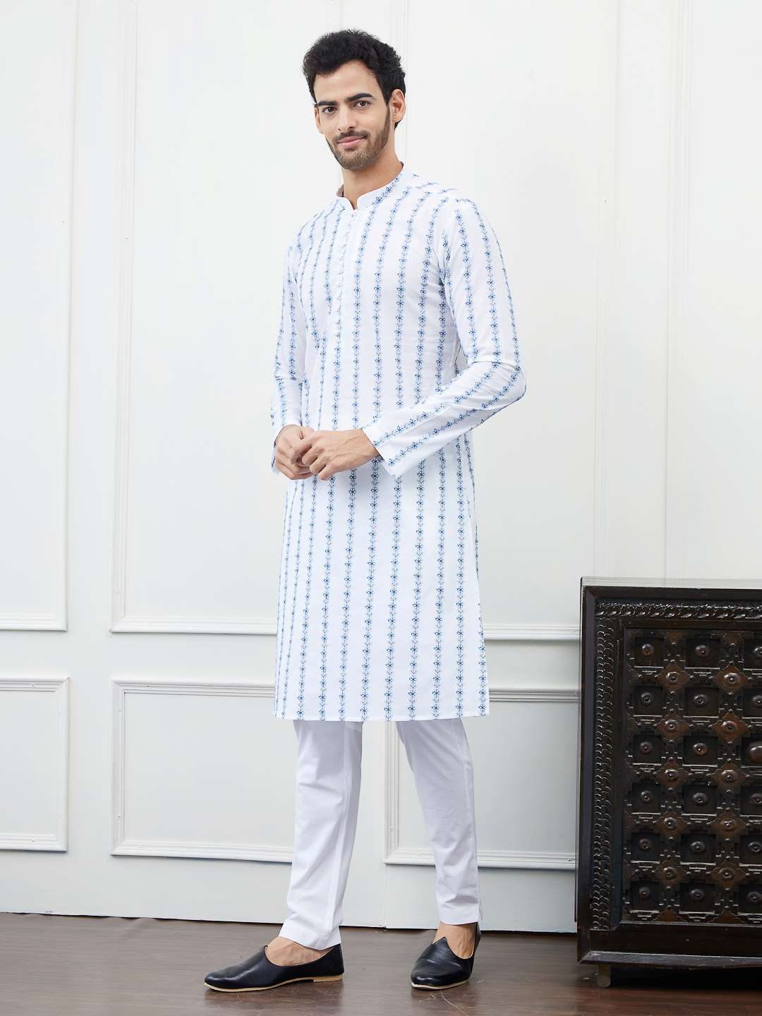 Men White with Vertical Blue Floral Stripes Chikankari Embroidered Cotton Kurta Set