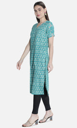 Women Sea Green Printed Straight Kurti