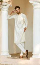 Men Off White And Golden Glimmer Chanderi Silk Sequins Kurta