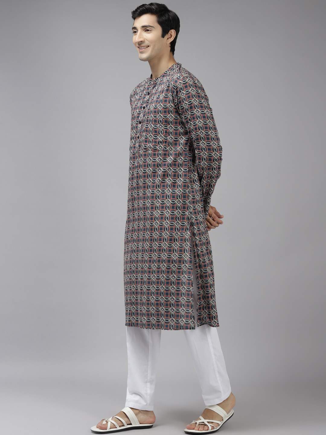 Men Blue And Beige Printed Thread Work Indigo Kurta