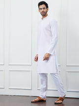 Men White with Blush Pink Striped Kurta and Pajama