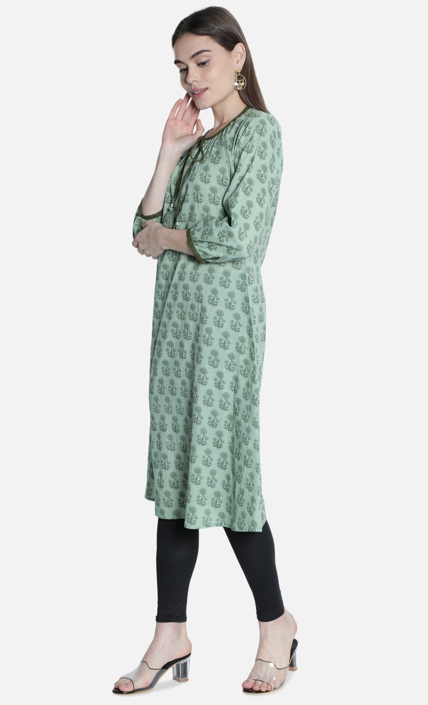 Women Printed Green Floral A-Line Dress