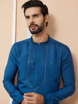 Dark Blue Embroidered Chanderi Silk Straight Kurta with Pyjama