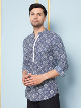 Men Blue & White Indigo Printed Cotton Short Kurta