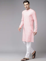 Men Coral Pink Pure Cotton Embroidered Straight Kurta With Pajama