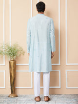 Light Cyan Embroidered Pure Chanderi Silk Straight Kurta with Pyjama