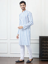 Men White with Vertical Blue Stripes Chikankari Embroidered Cotton Kurta Set