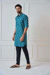 Men Teal Blue Regular Pure Cotton Pathani Kurta With Black Pyjama
