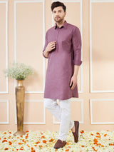 Men Purple Cotton Solid Pathani Kurta