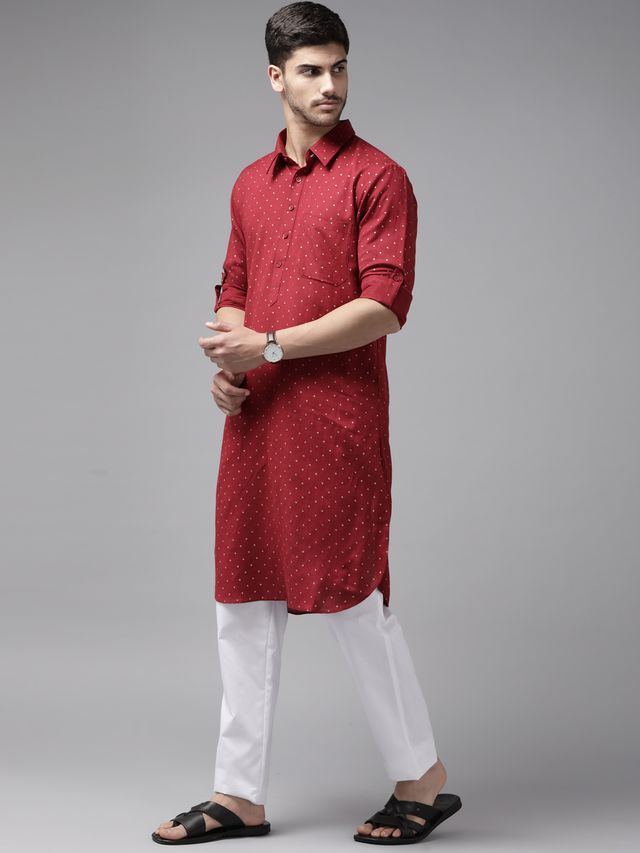 Men Maroon Regular Pure Cotton Pathani Printed Men's Kurta