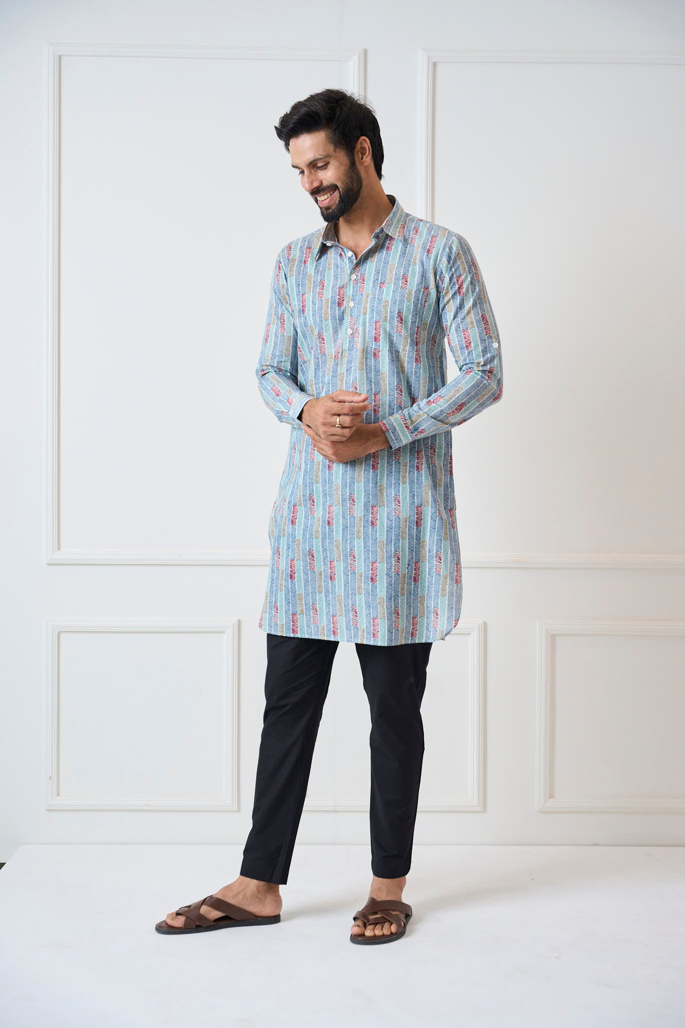 Men Multicolor Striped Pure Cotton Pathani Kurta