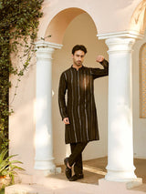 Men Black And Gold Chanderi Silk Sequins Kurta