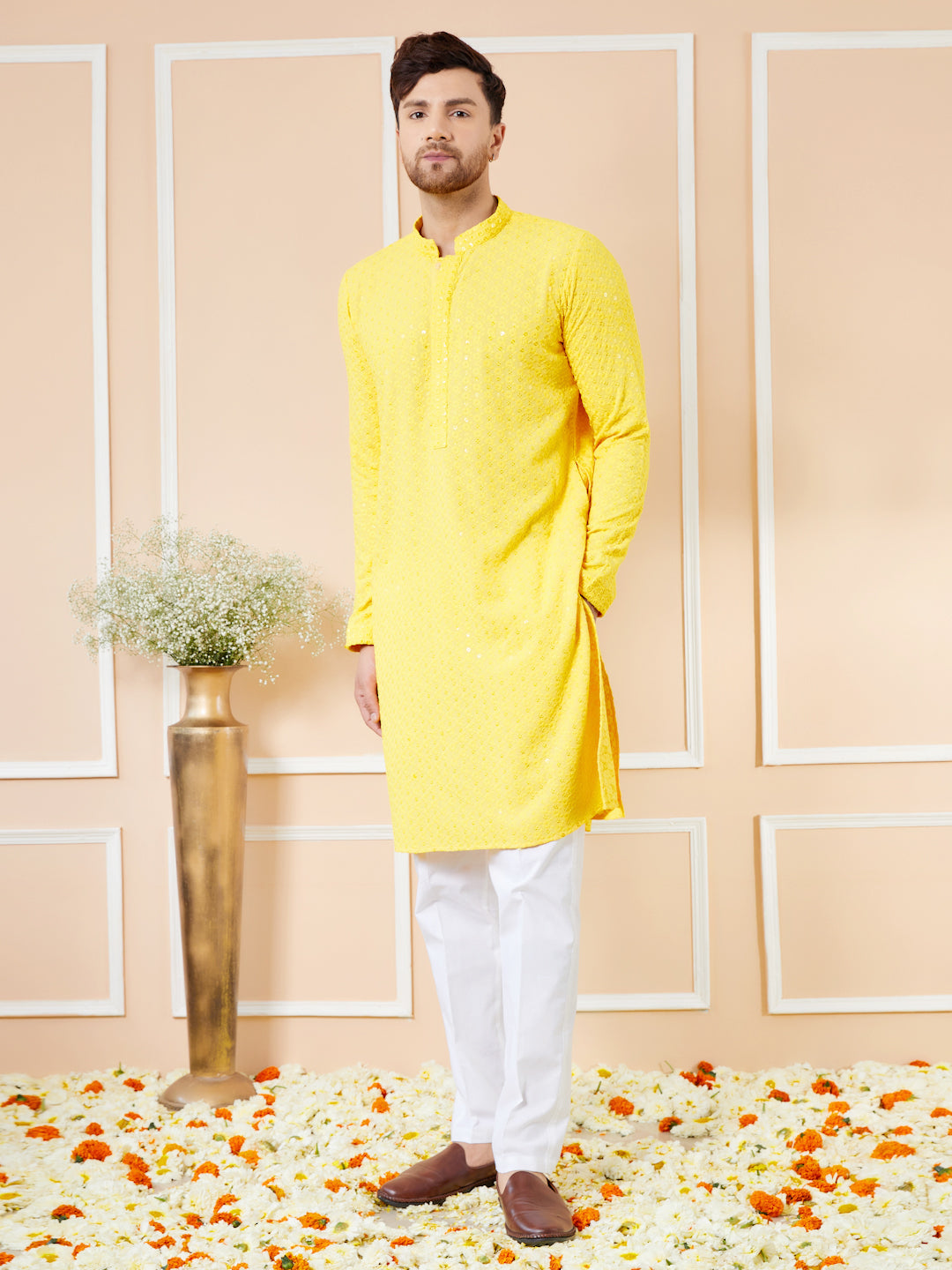 Men Yellow Floral Embroidered Sequins Rayon Kurta Set