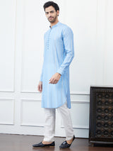Men Turquoise Blue Sequinses Cotton Kurta Set