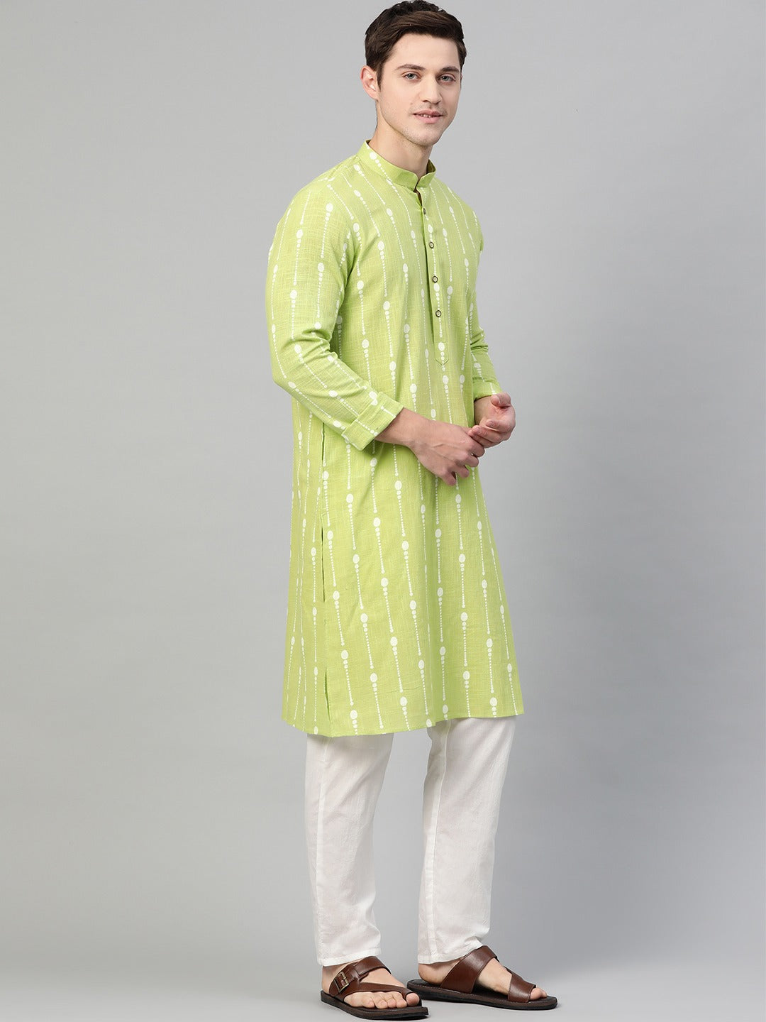 Riwaat.com Men Lime Green & White Printed Straight Kurta Riwaat Bundi Mehendi Printed