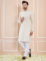 Men Ivory Cream Cotton Solid Straight Kurta With Pajama