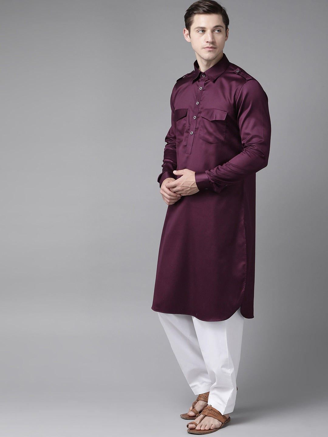 Riwaat.com Men Wine Pathani Kurta with Salwar Riwaat Pathani Plain