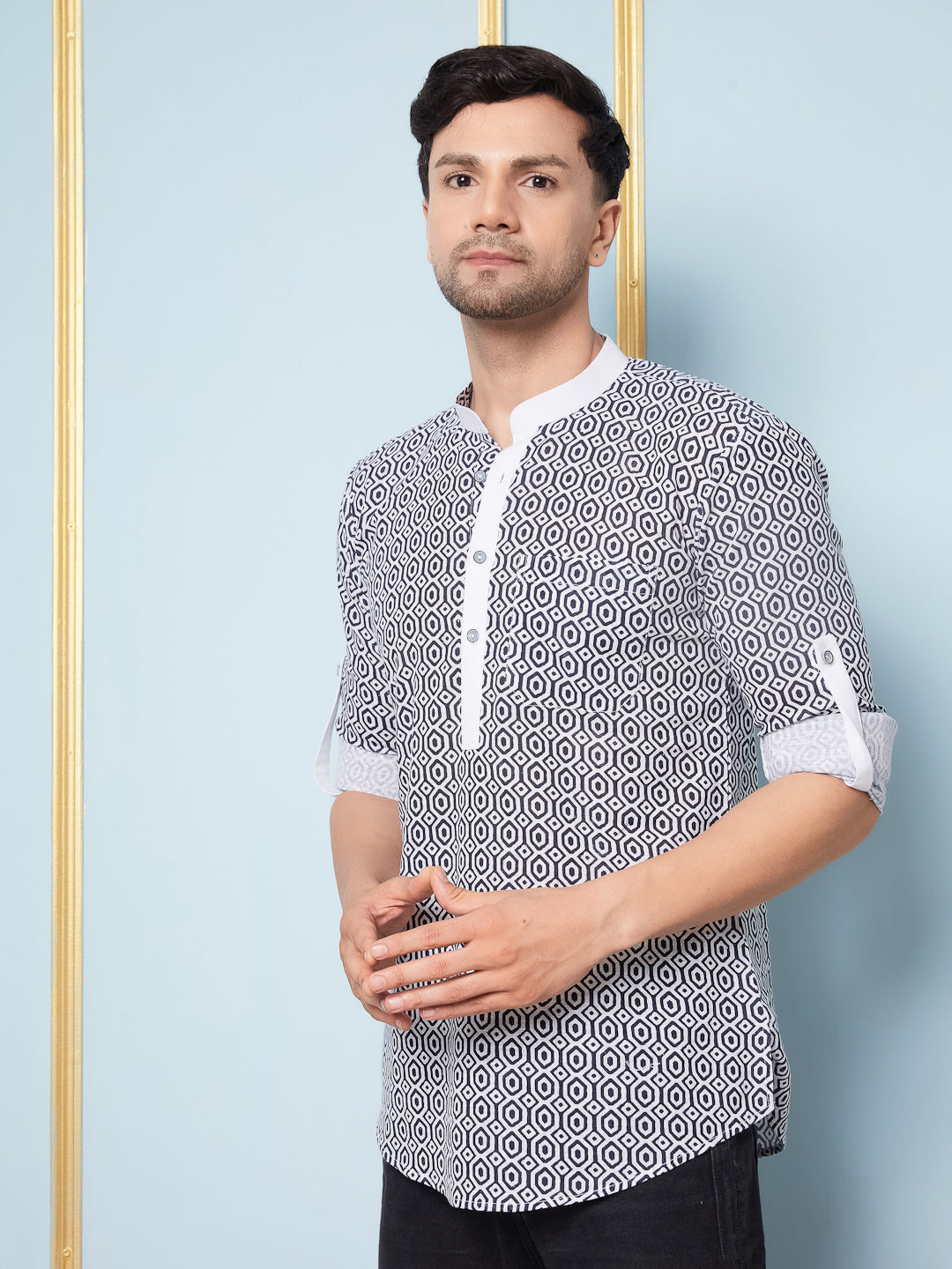 Men Navy Blue & White Printed Cotton Short Kurta