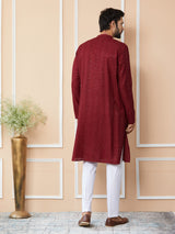 Men Dark Maroon Embroidered Thread Work Sequin Chanderi Silk Straight Kurta