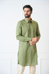 Men Olive Regular Pure Cotton Pathani Kurta With Gold Pyjama