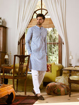 Men Sky Blue And White Cotton Leaf Print Straight Kurta With Pajama