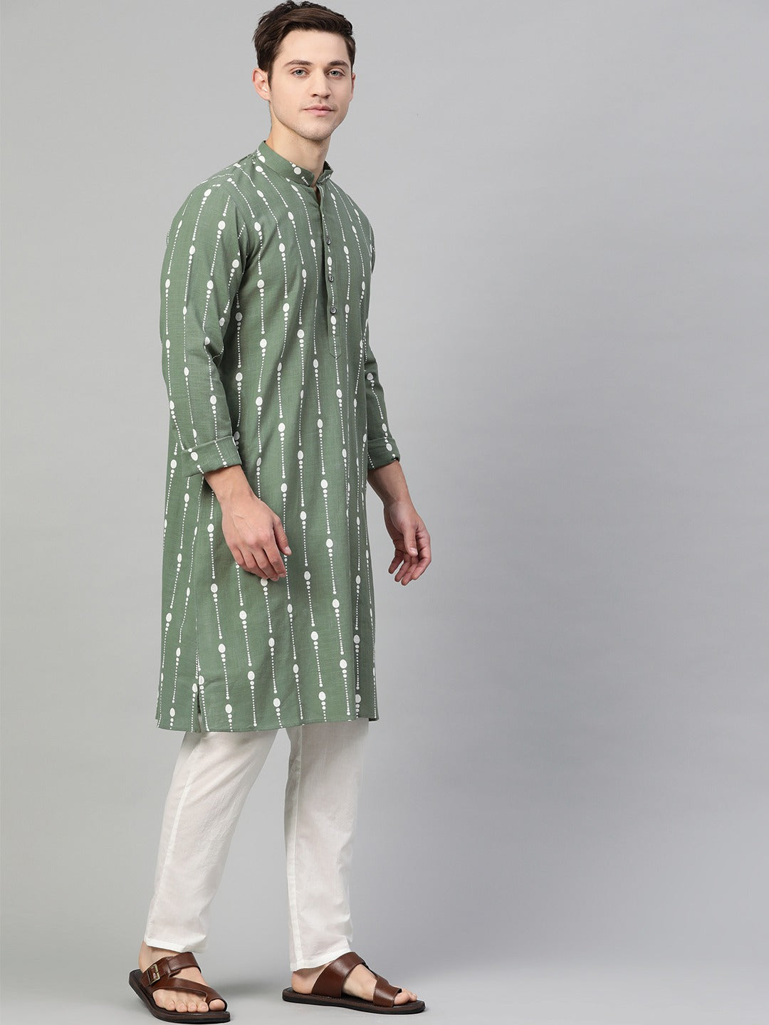 Riwaat.com Men Green & White Printed Straight Kurta Riwaat Bundi Mehendi Printed