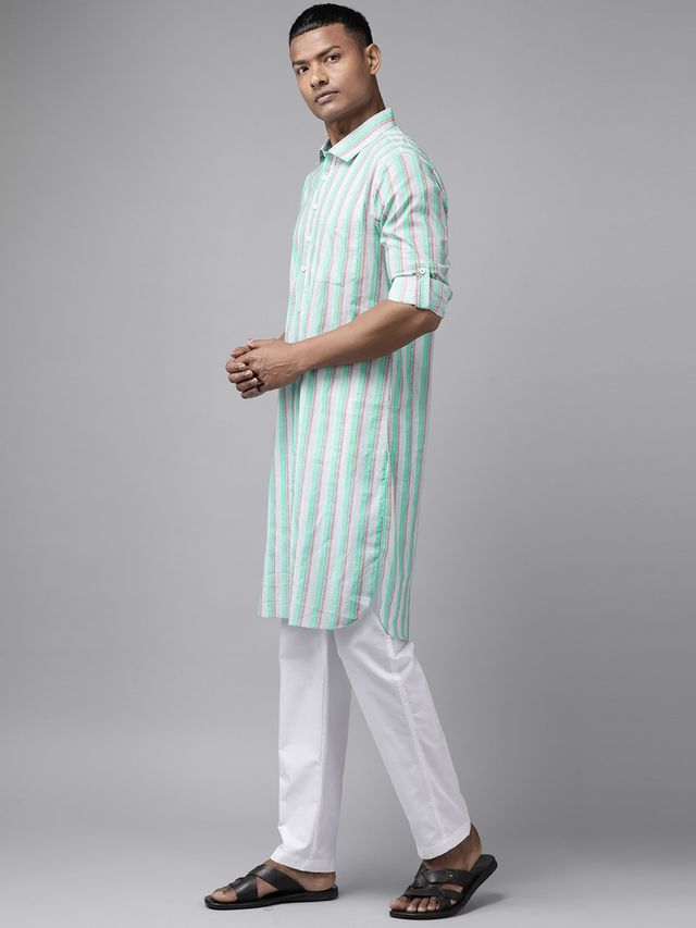 Men Green Regular Pure Cotton Pathani Printed Men's Kurta With White Salwar