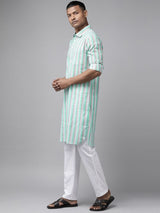 Men Green Regular Pure Cotton Pathani Printed Men's Kurta With White Salwar