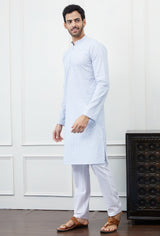 Men Blue And White Chikankari Embroidered Cotton Kurta